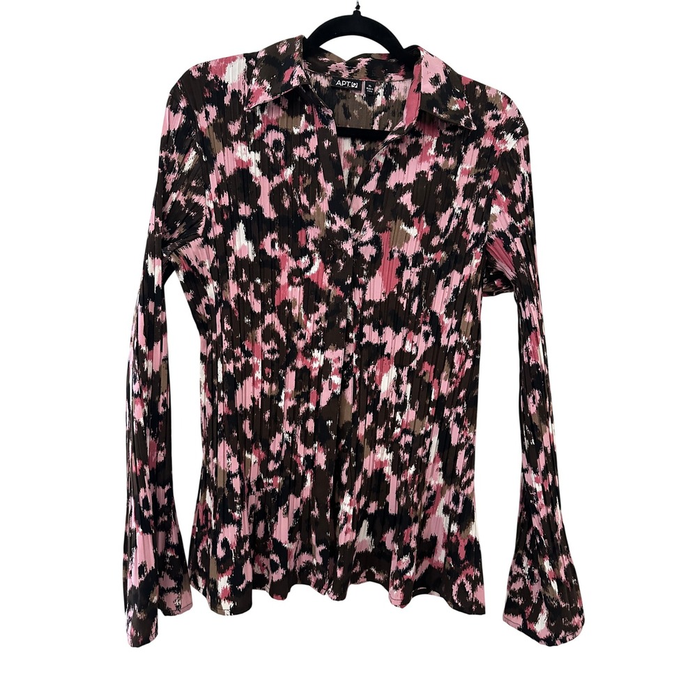 Apt 9 Womens XL Pink Brown Abstract Pleated Bell Sleeve V-Neck Top Y2K 90s